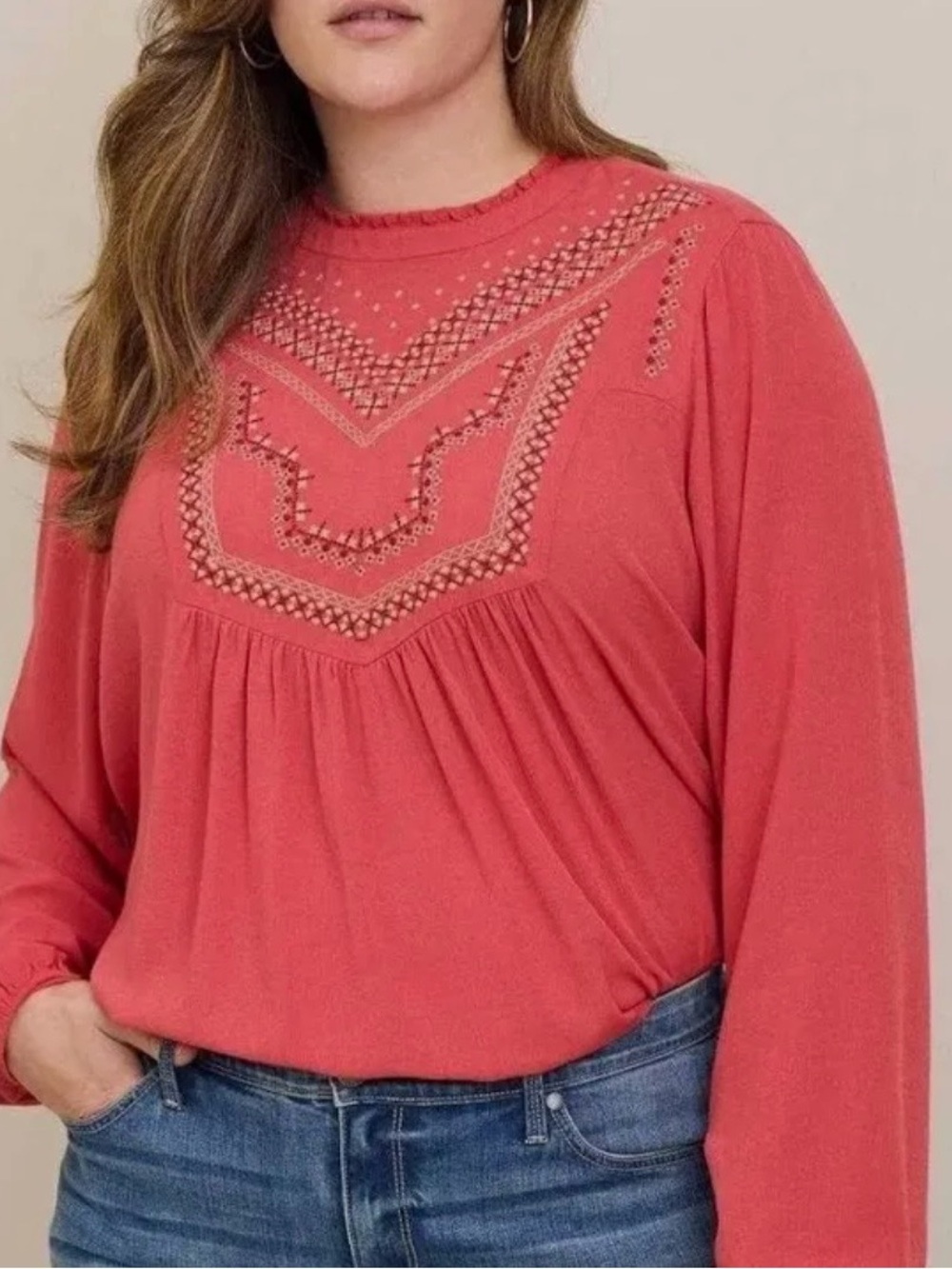 torrid Coral Crochet Yoke Long Sleeve Blouse